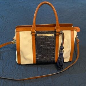 Brahmin navy/ ivory/tan leather satchel bag